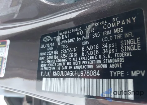 2015 Hyundai Tucson Limited from USA, damaged, VIN KM8JU3AG6FU978084